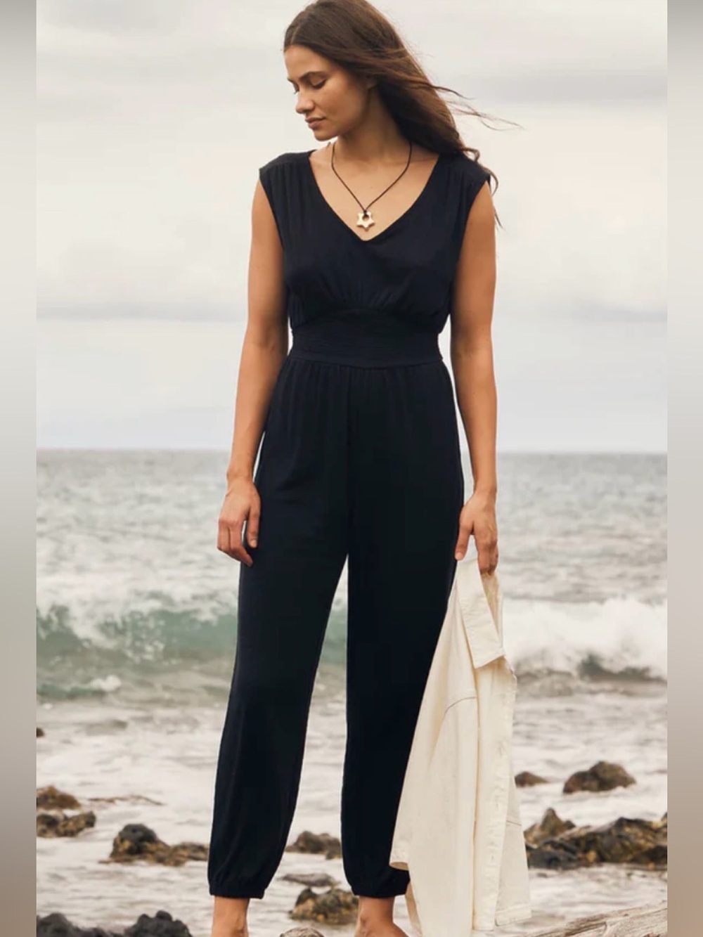 Z Supply Indy Knit V-Neck Cap-Sleeve Jumpsuit Black Small Coastal Relaxed NWT